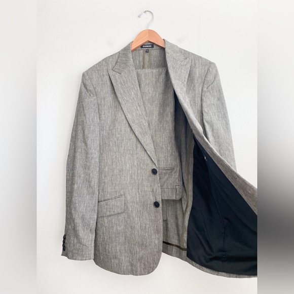 Express Mens Linen 2-Piece Suit Set Blazer Sport Coat 44R Pants 34x32 Gray Slim - Picture 3 of 12
